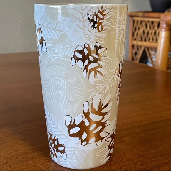 Starbucks 2020 Holiday Pinecone Ceramic Tumbler with Leaf Design 12 oz. - Picture 9 of 11
